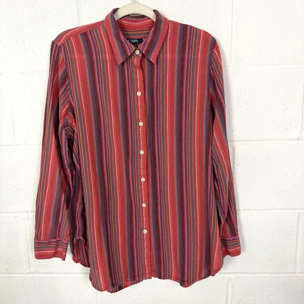 Chaps Women's Button Up Top Linen Blend Red Stripe Western Preppy Beach BoHo XL